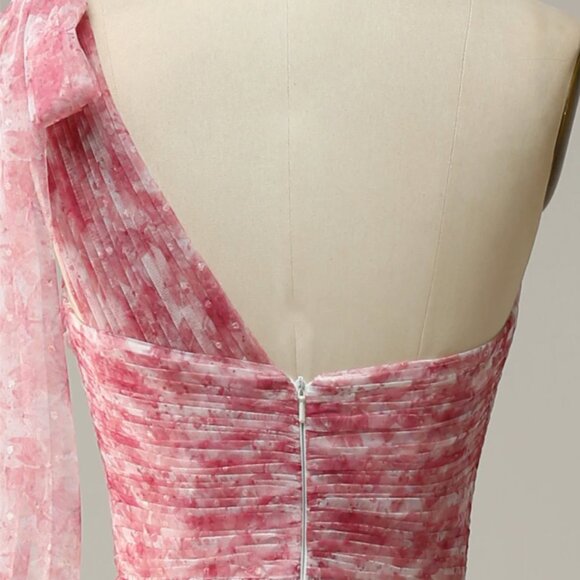 BRAND NEW: Red A Line One Shoulder Floor Length Print Tulle Dress - Picture 8 of 10